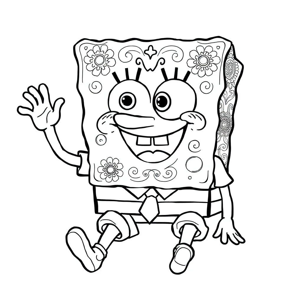 Spongebob spongebob squarepants smiling and waving sitting — detailed spongebob coloring page (ages 9+ & adults)