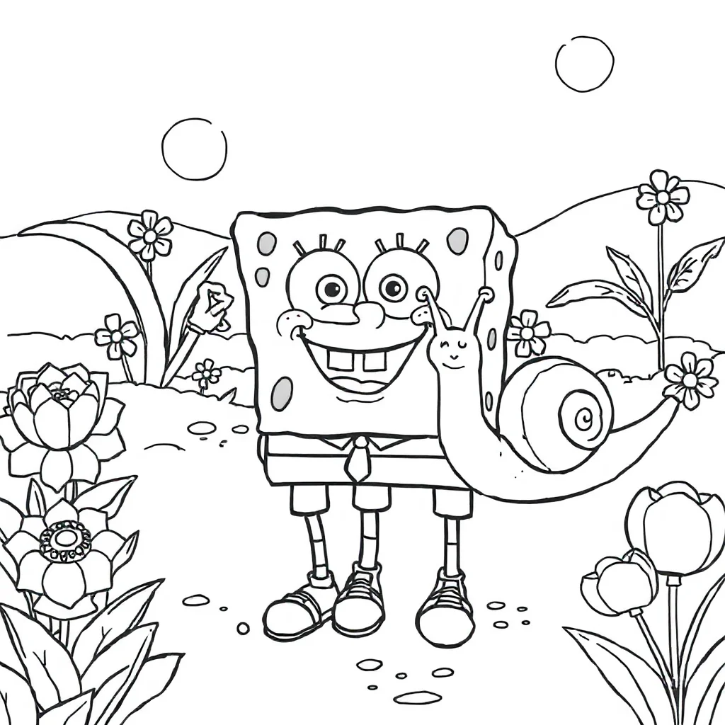 Spongebob spongebob with gary the snail in a flower garden — classic spongebob coloring page (ages 5–10)