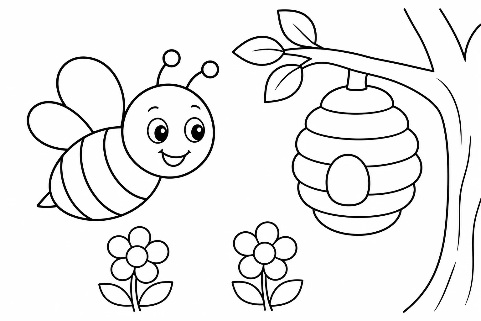 Spring bee hive — easy spring coloring page (ages 2–5)