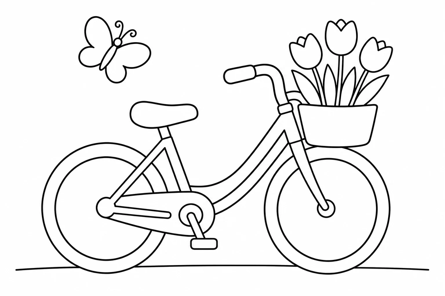 Spring bicycle basket — easy spring coloring page (ages 2–5)