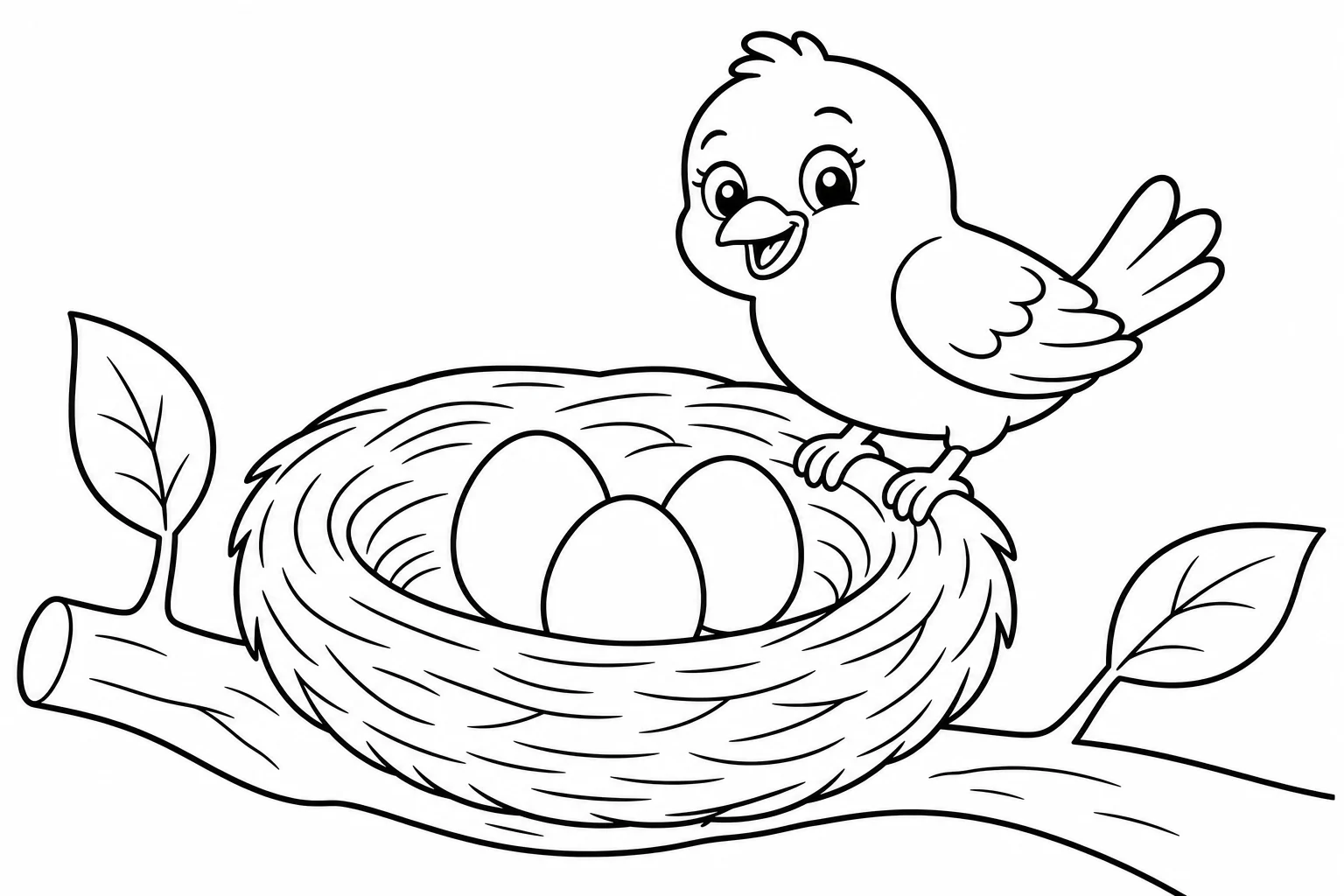 Spring bird nest — easy spring coloring page (ages 2–5)