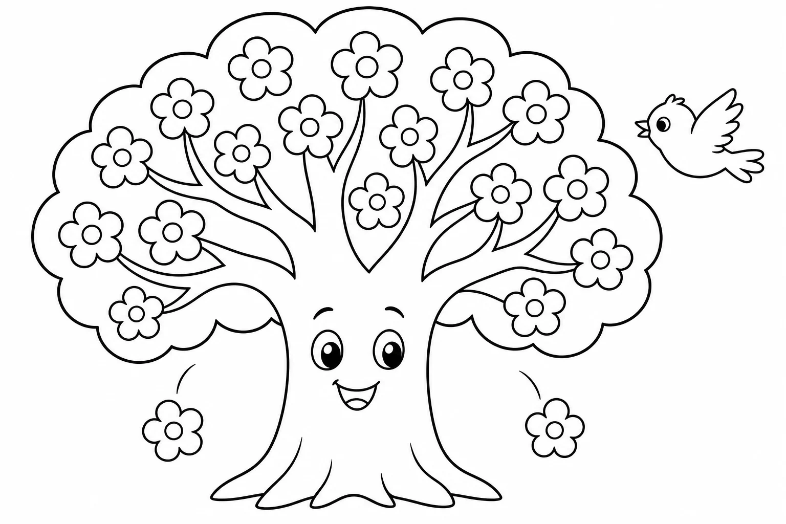 Spring blooming tree — easy spring coloring page (ages 2–5)