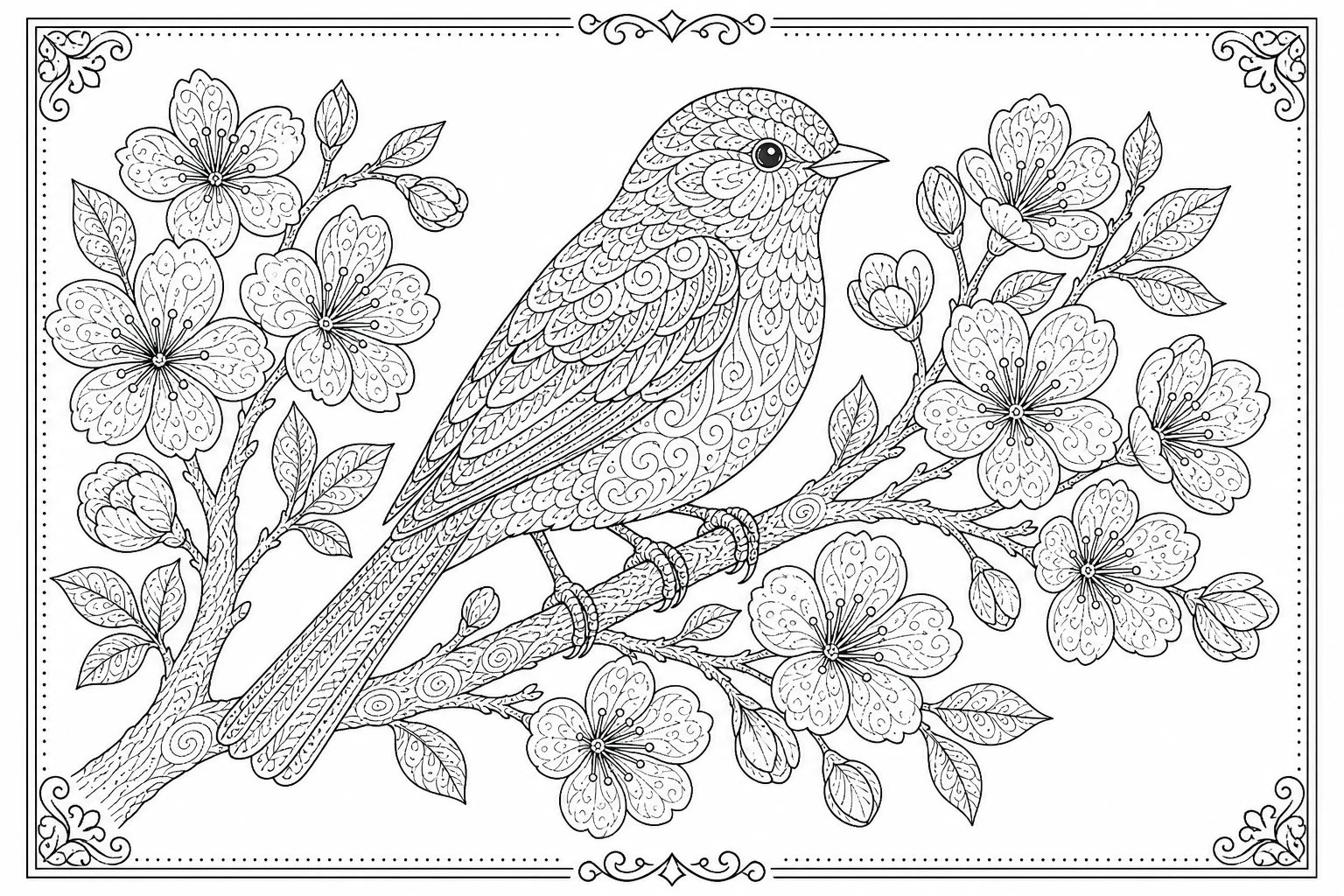 Spring blossom bird — detailed spring coloring page (ages 9+ & adults)