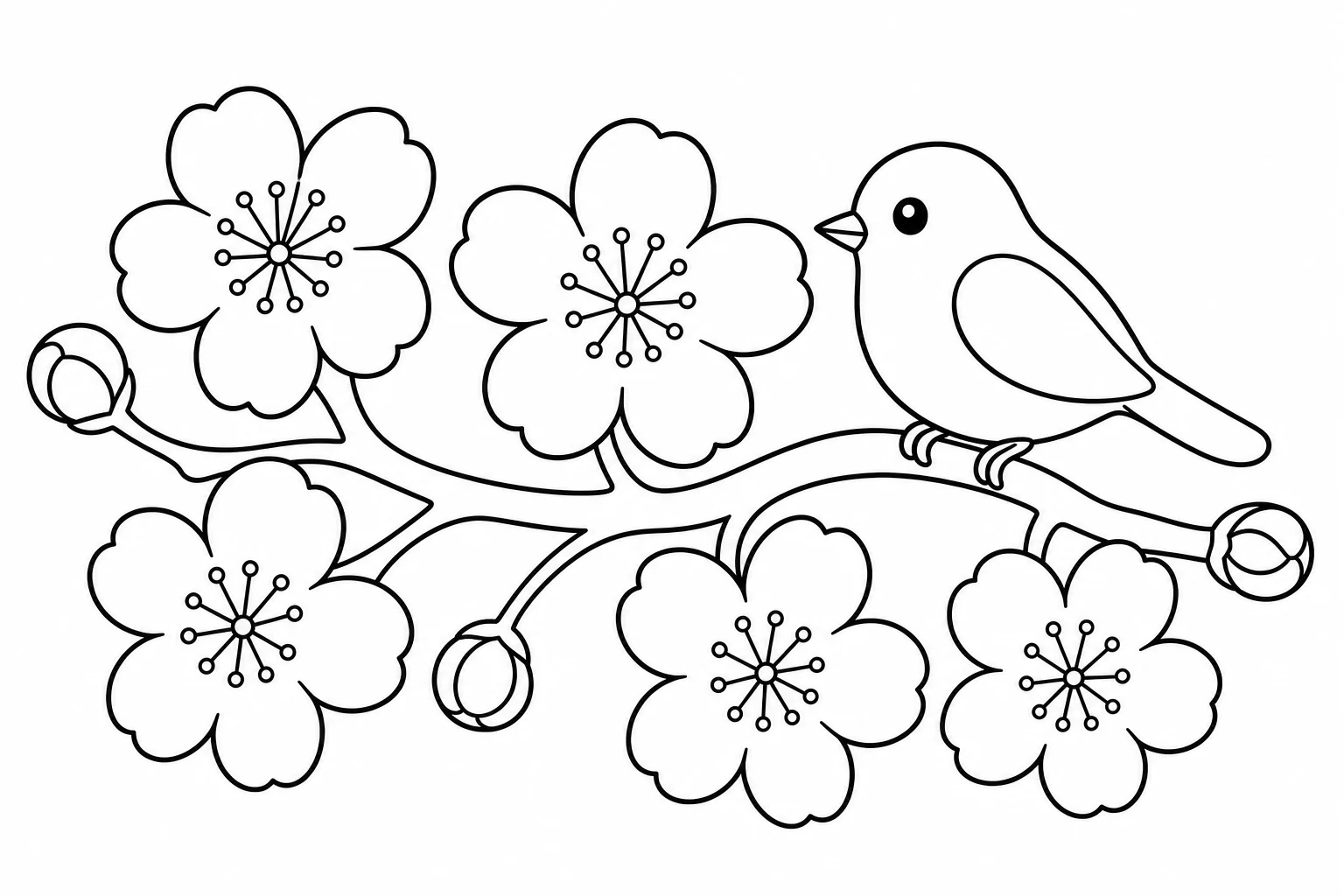 Spring blossom branch — easy spring coloring page (ages 2–5)