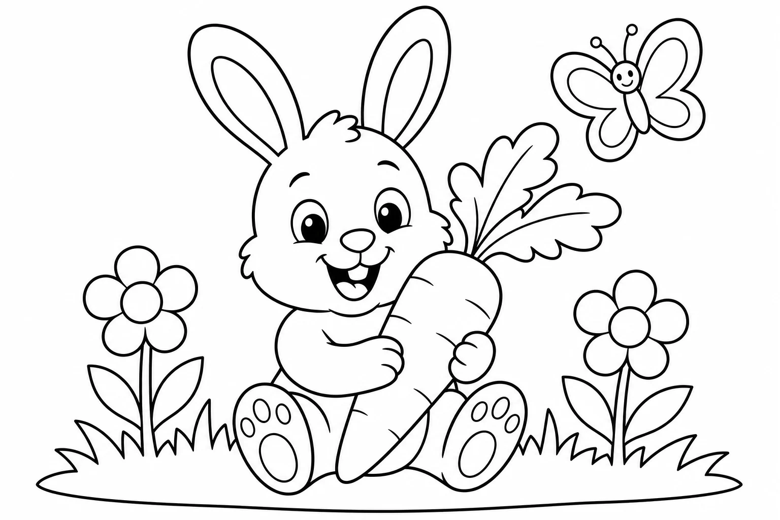 Spring bunny carrot — easy spring coloring page (ages 2–5)