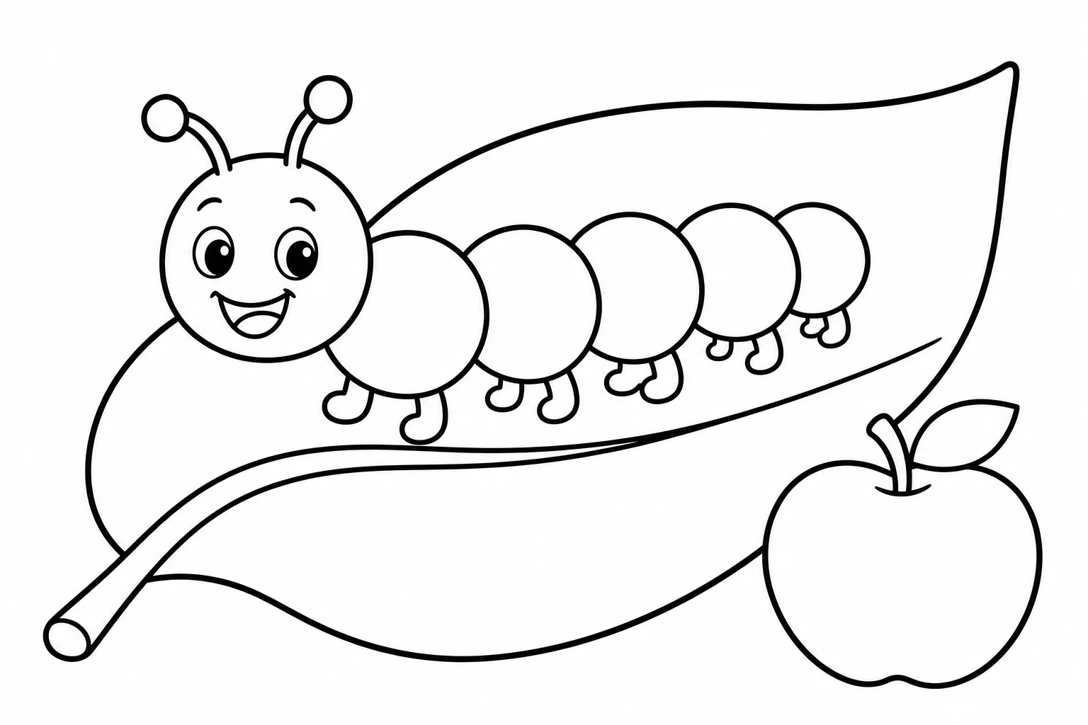 Spring caterpillar leaf — easy spring coloring page (ages 2–5)