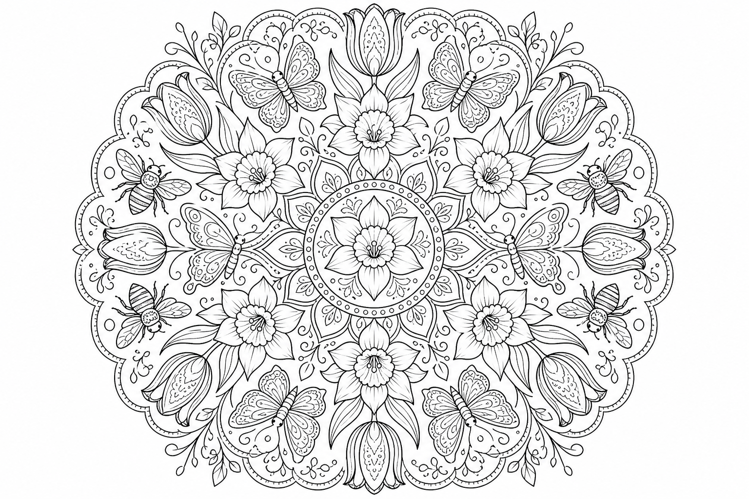 Spring floral mandala — detailed spring coloring page (ages 9+ & adults)
