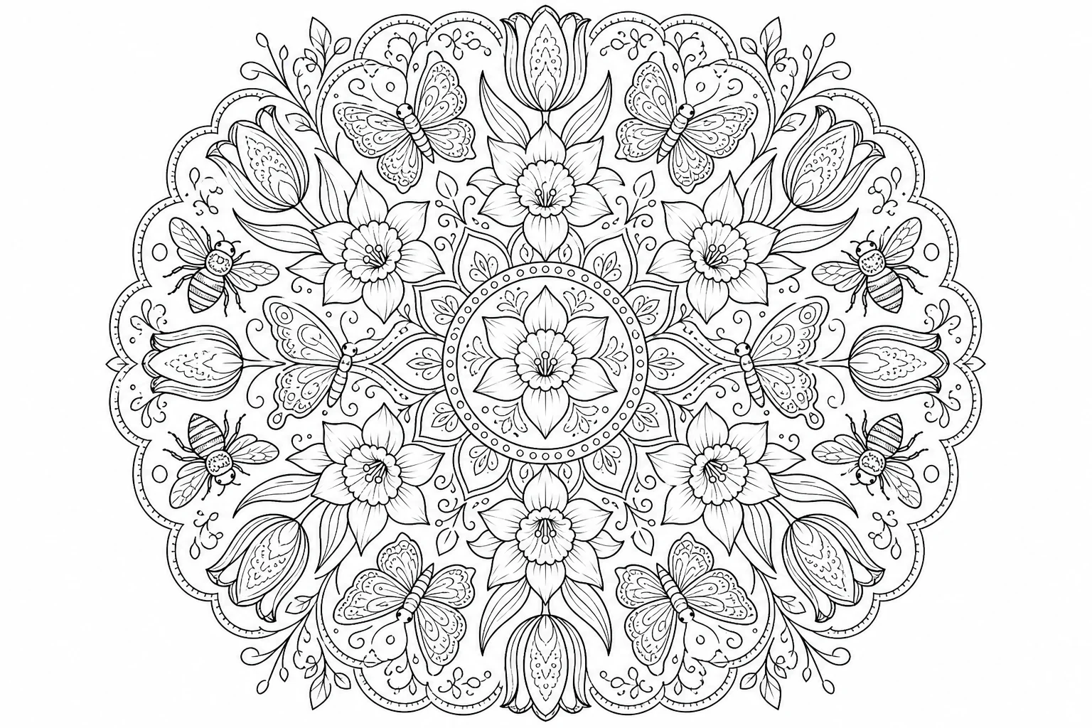Spring floral mandala — detailed spring coloring page (ages 9+ & adults)