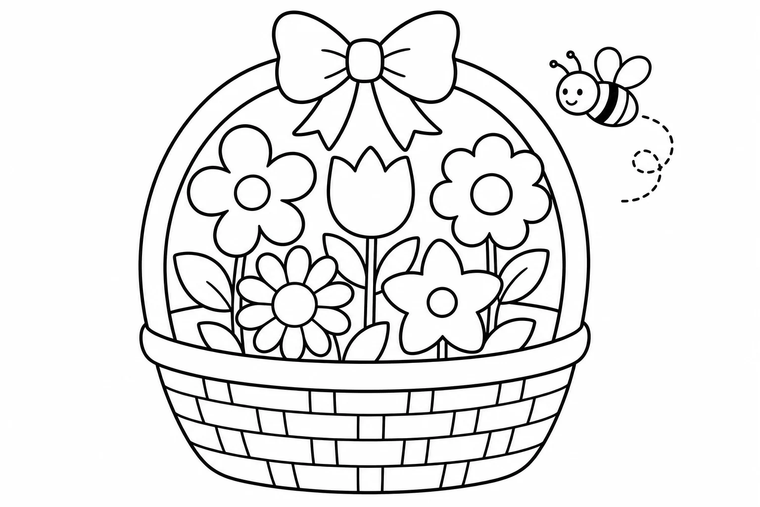 Spring flower basket — easy spring coloring page (ages 2–5)