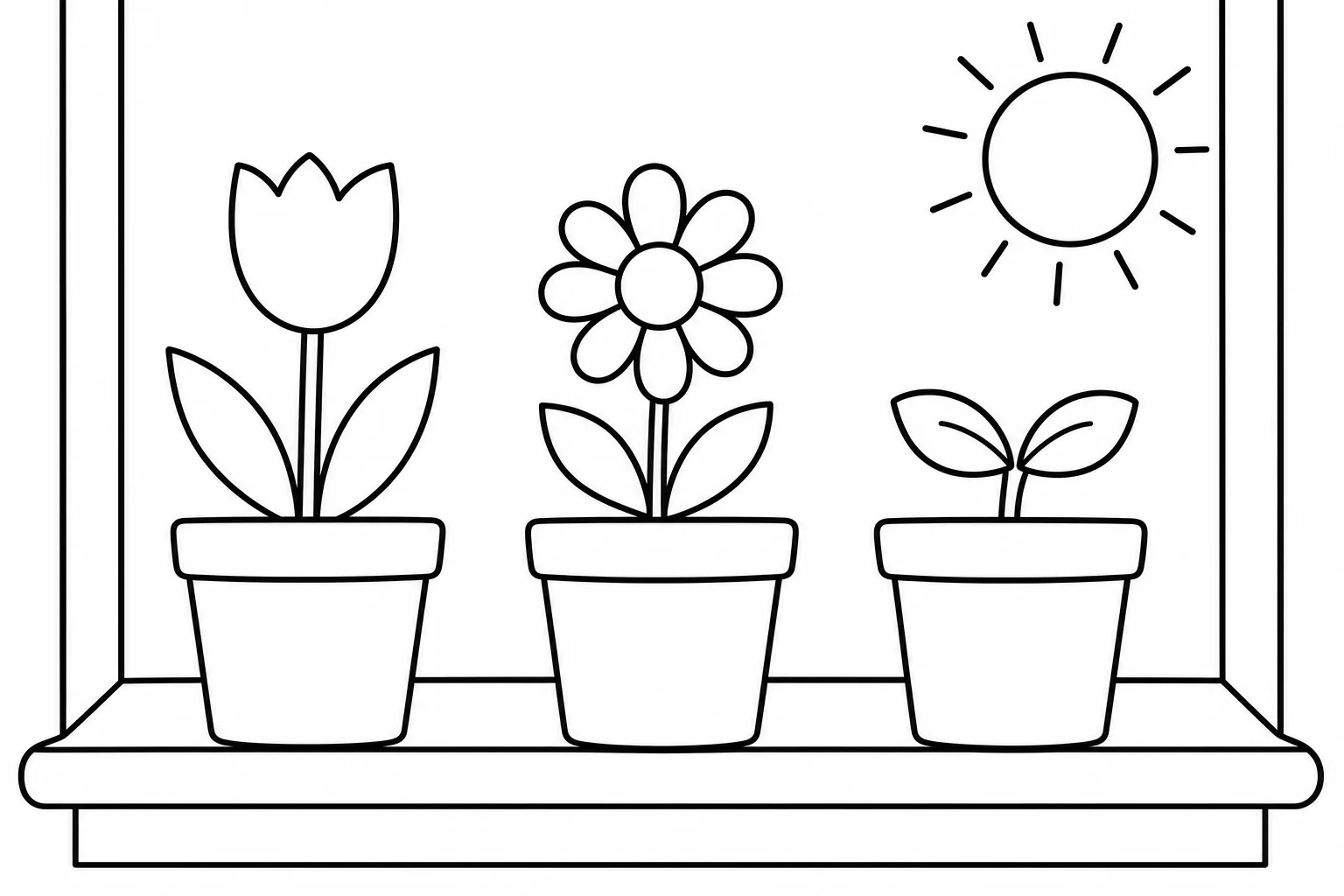 Spring flower pots — easy spring coloring page (ages 2–5)