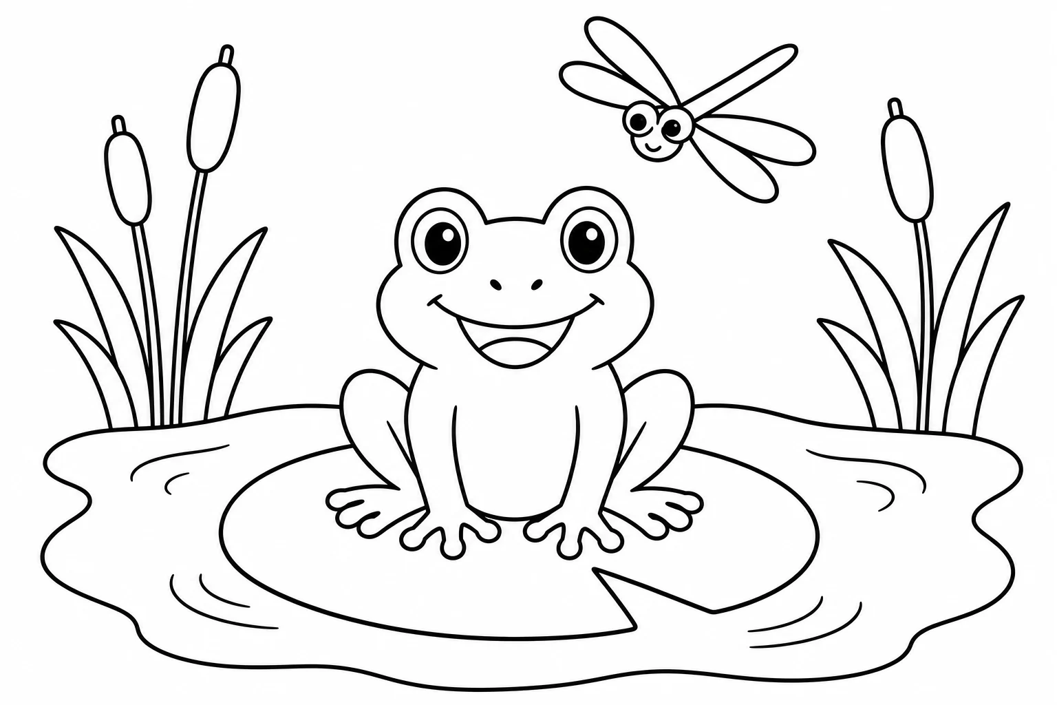 Spring frog pond — easy spring coloring page (ages 2–5)