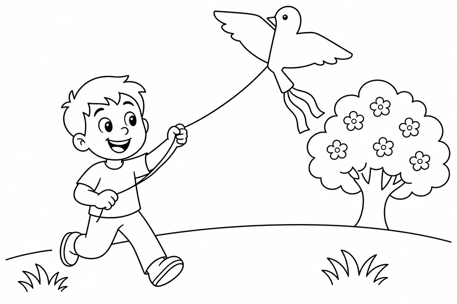 Spring kite park — easy spring coloring page (ages 2–5)