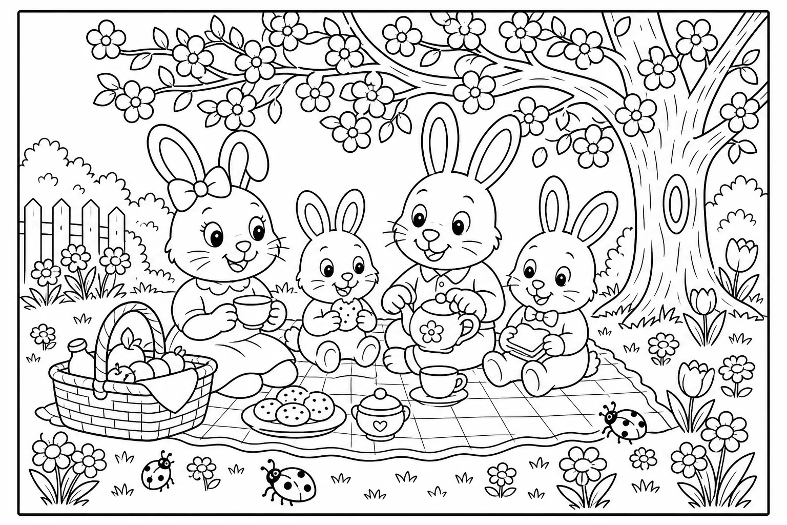 Spring picnic — classic spring coloring page (ages 5–10)