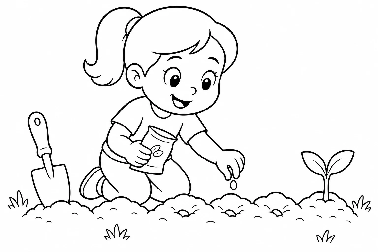 Spring planting seeds — easy spring coloring page (ages 2–5)