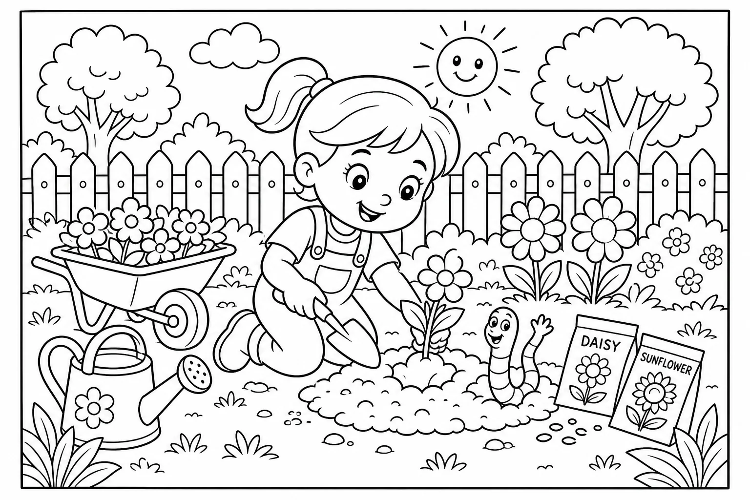Spring planting — classic spring coloring page (ages 5–10)