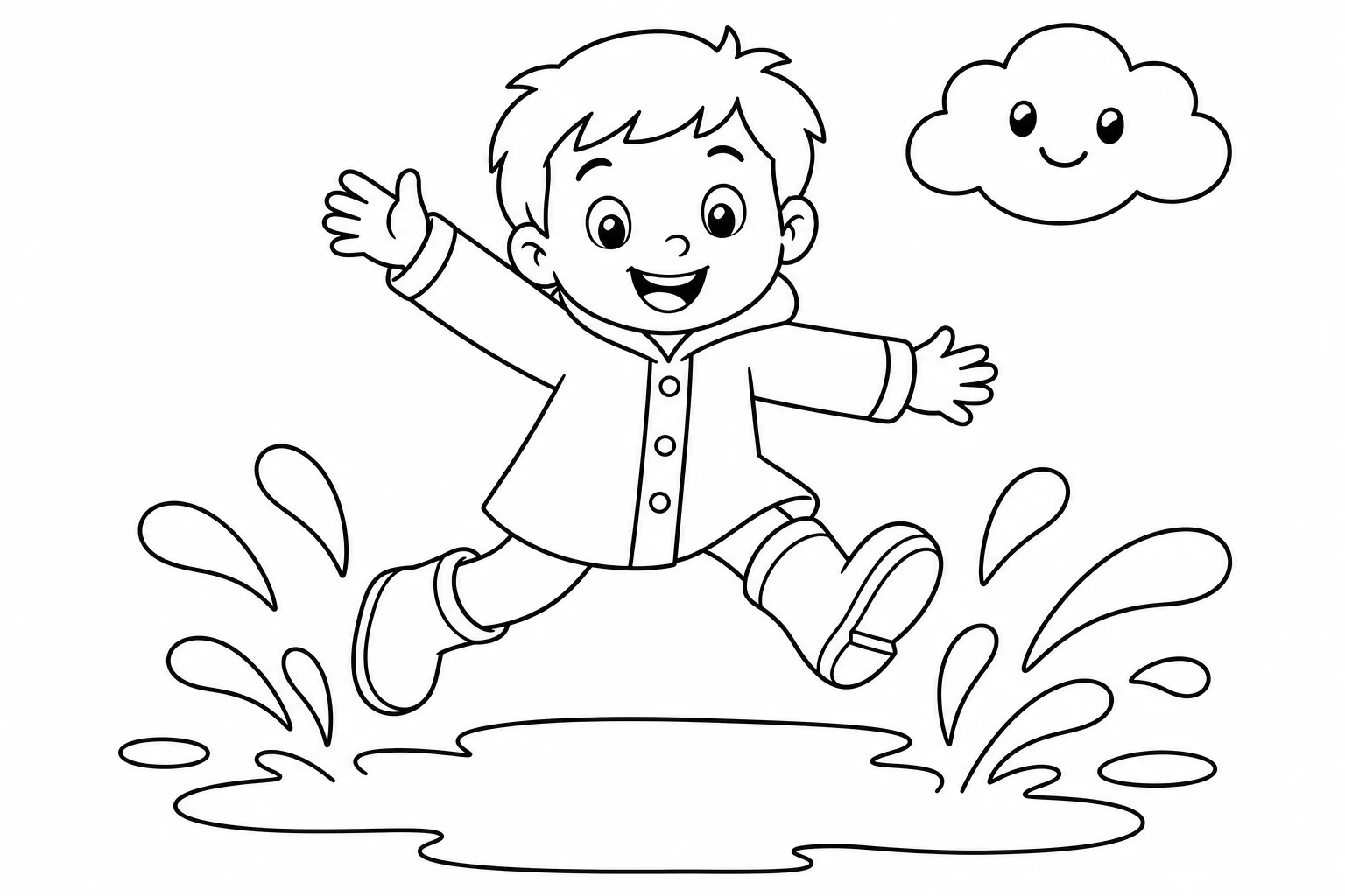 Spring puddle jump — easy spring coloring page (ages 2–5)