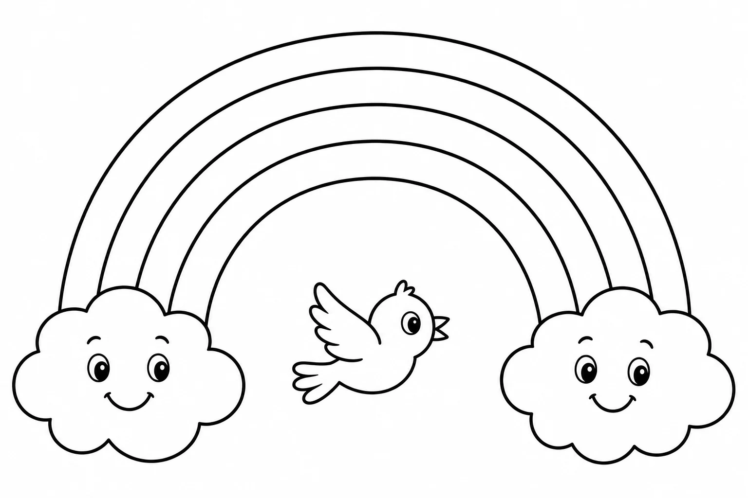 Spring rainbow clouds — easy spring coloring page (ages 2–5)