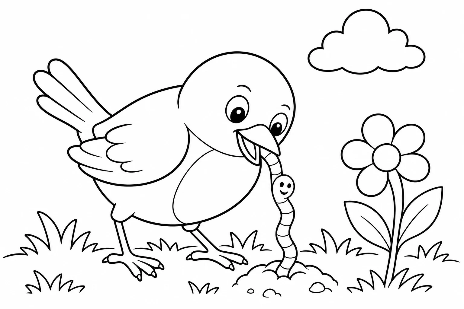 Spring robin worm — easy spring coloring page (ages 2–5)