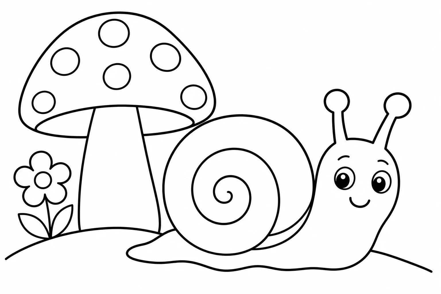 Spring snail mushroom — easy spring coloring page (ages 2–5)