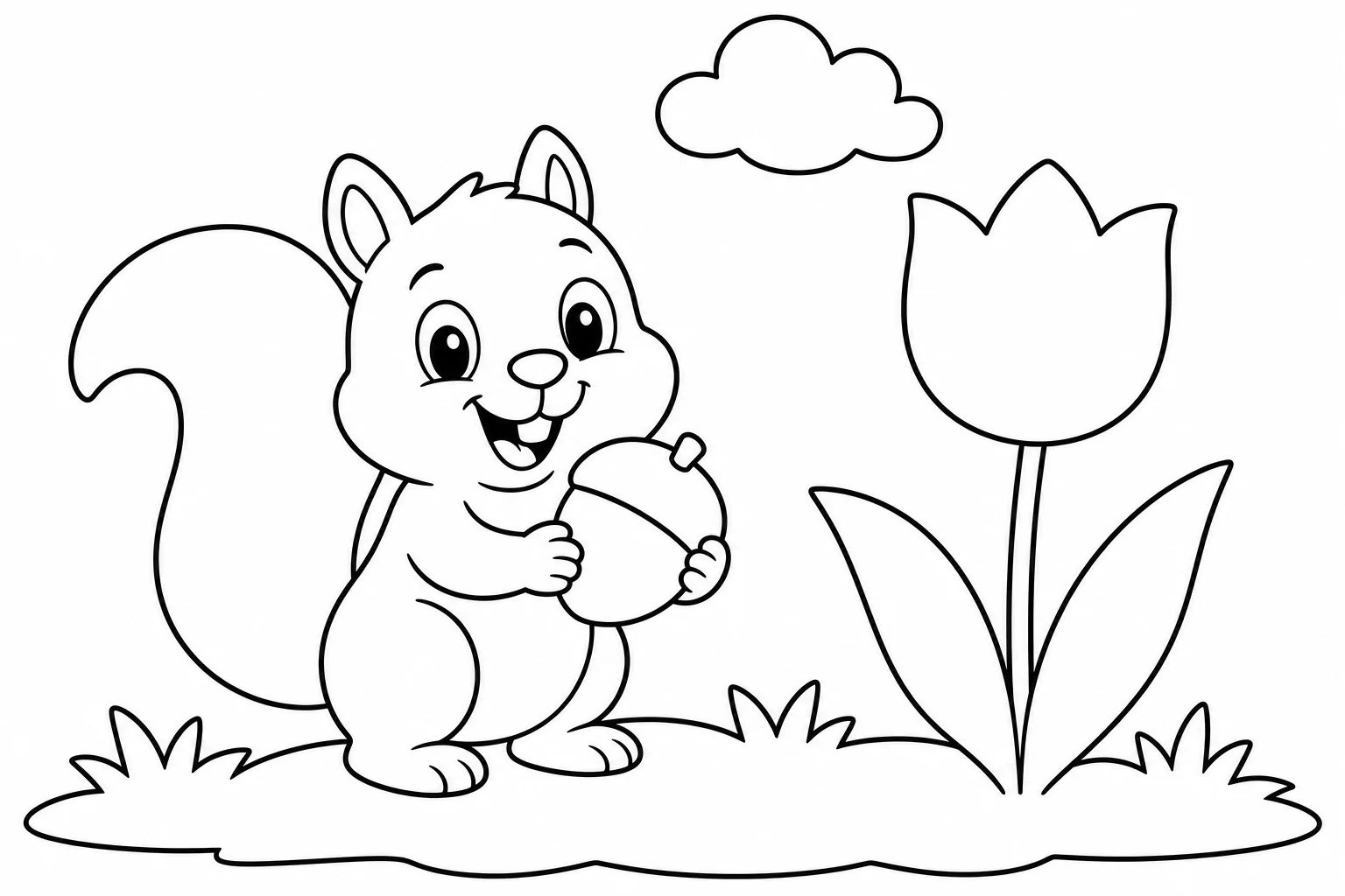 Spring squirrel acorn — easy spring coloring page (ages 2–5)