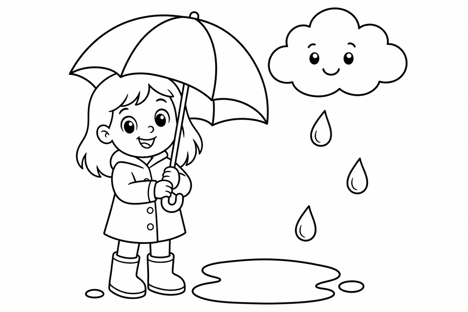 Spring umbrella girl — easy spring coloring page (ages 2–5)