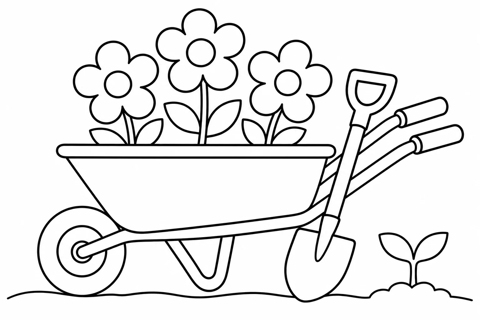 Spring wheelbarrow — easy spring coloring page (ages 2–5)