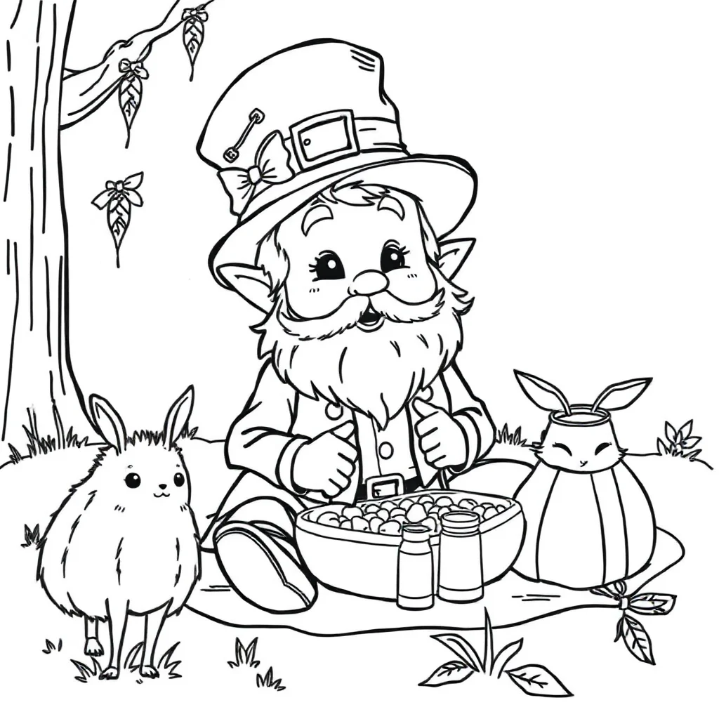 St patricks day a cute leprechaun having a picnic — classic st. patrick's day coloring page (ages 5–10)