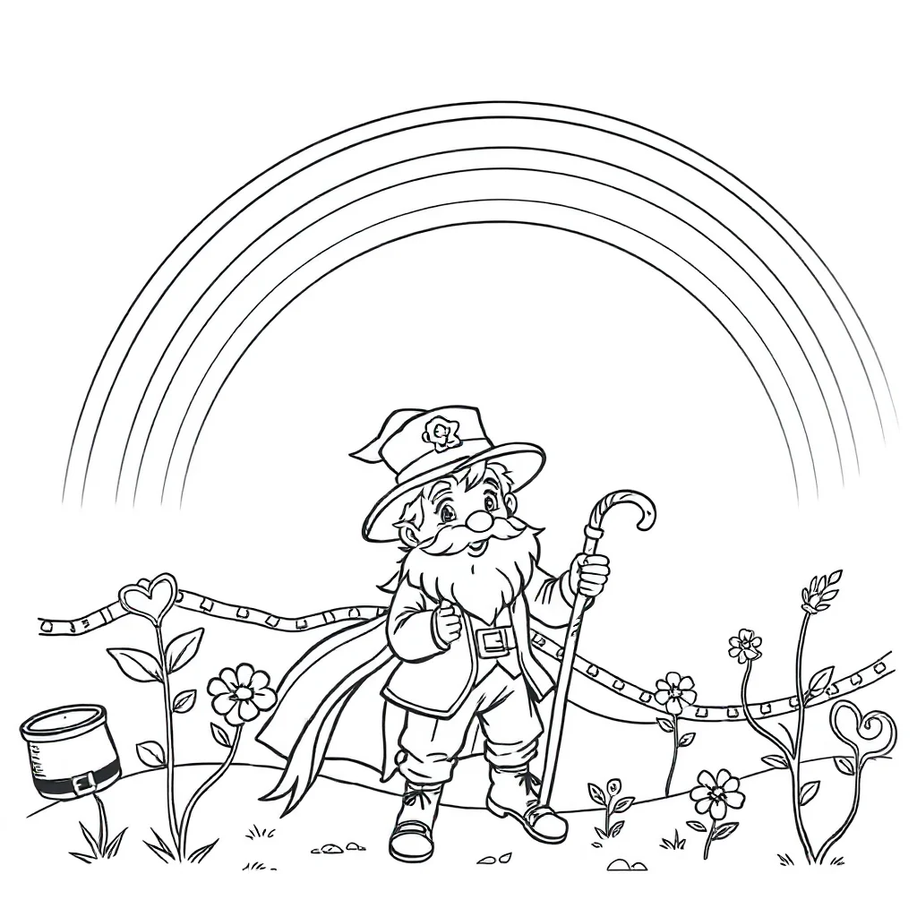 St patricks day a cute leprechaun under a rainbow — classic st. patrick's day coloring page (ages 5–10)