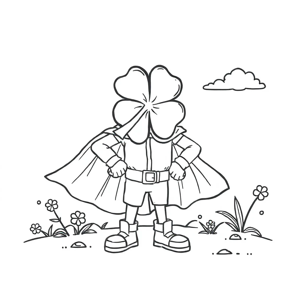 St patricks day a four leaf clover in a superhero cape — classic st. patrick's day coloring page (ages 5–10)