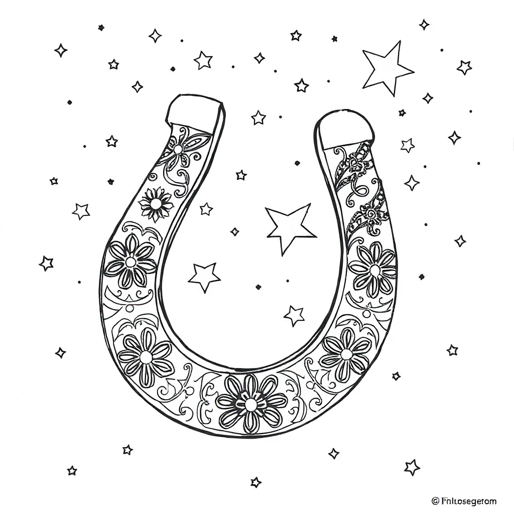St patricks day a lucky horseshoe under the night sky with stars — detailed st. patrick's day coloring page (ages 9+ & adults)
