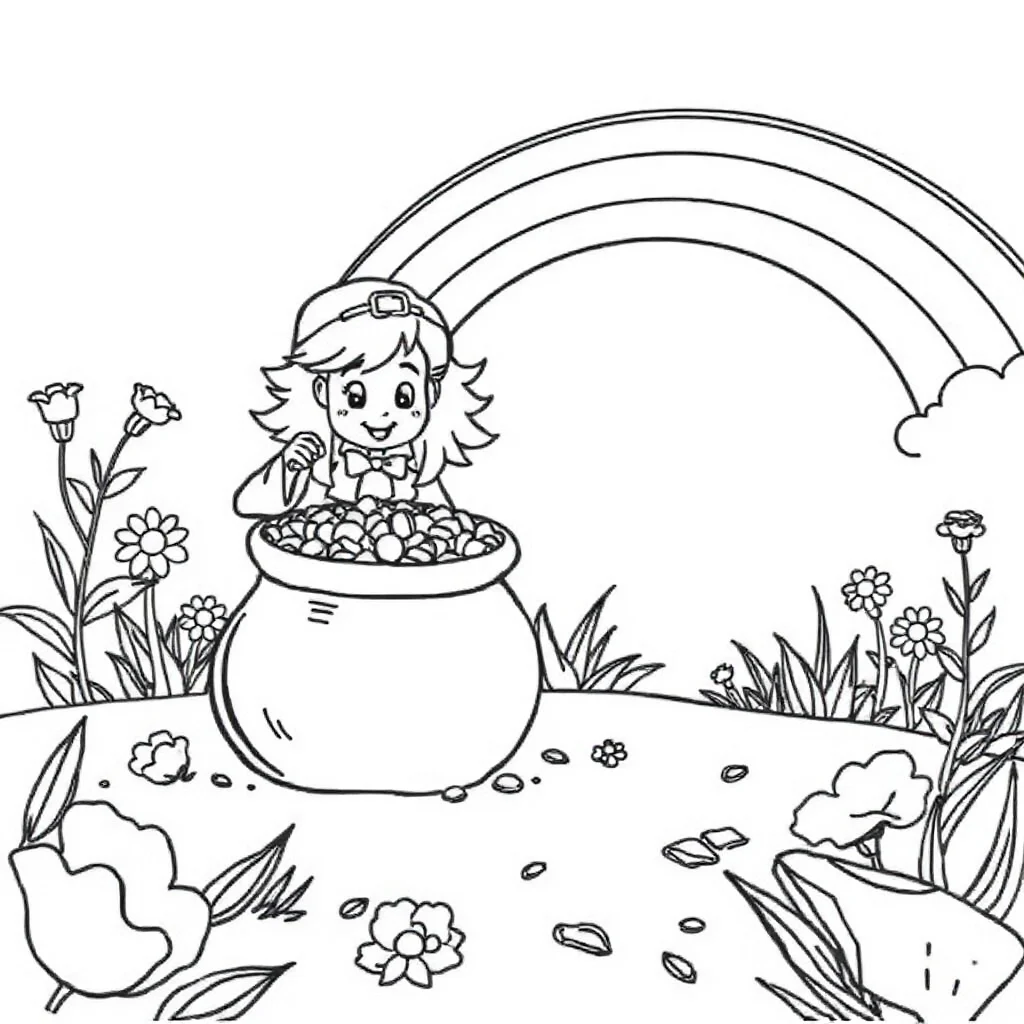 St patricks day a pot of gold and rainbow in a flower garden — classic st. patrick's day coloring page (ages 5–10)