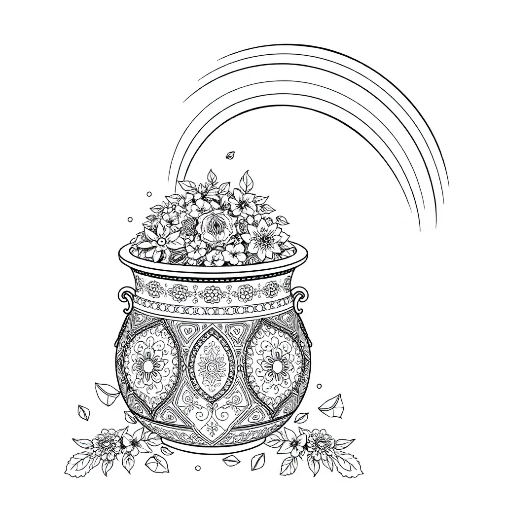St patricks day a pot of gold and rainbow leaping mid air — detailed st. patrick's day coloring page (ages 9+ & adults)
