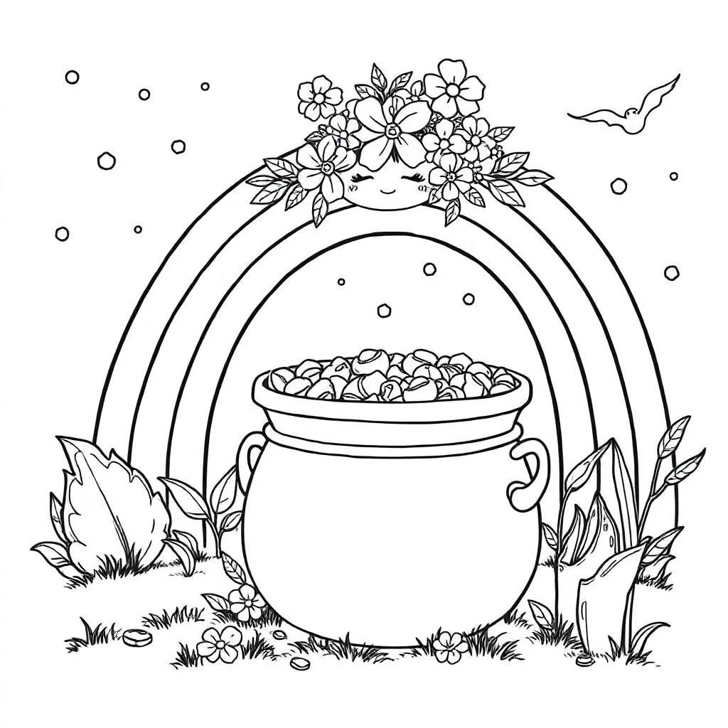 St patricks day a pot of gold and rainbow wearing a flower crown — classic st. patrick's day coloring page (ages 5–10)