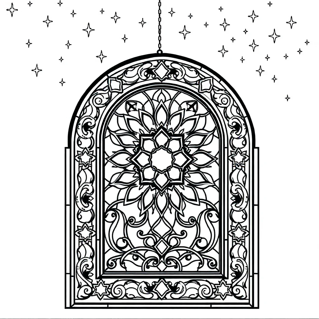 Stained glass a geometric stained glass under the night sky with stars — detailed stained glass coloring page (ages 9+ & adults)