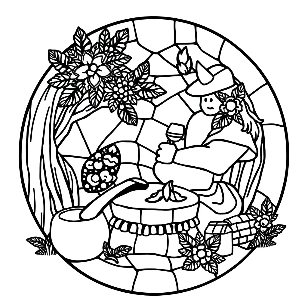 Stained glass a round stained glass design having a picnic — classic stained glass coloring page (ages 5–10)