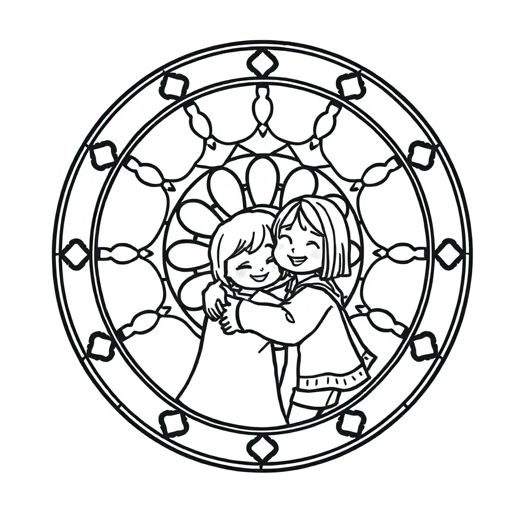 Stained glass a round stained glass design hugging a friend — easy stained glass coloring page (ages 2–5)