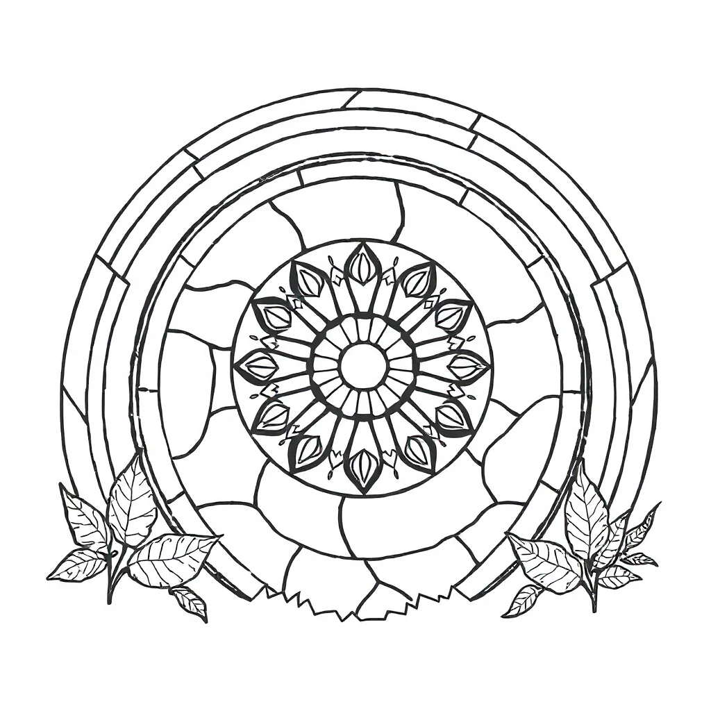 Stained glass a round stained glass design under a rainbow — classic stained glass coloring page (ages 5–10)
