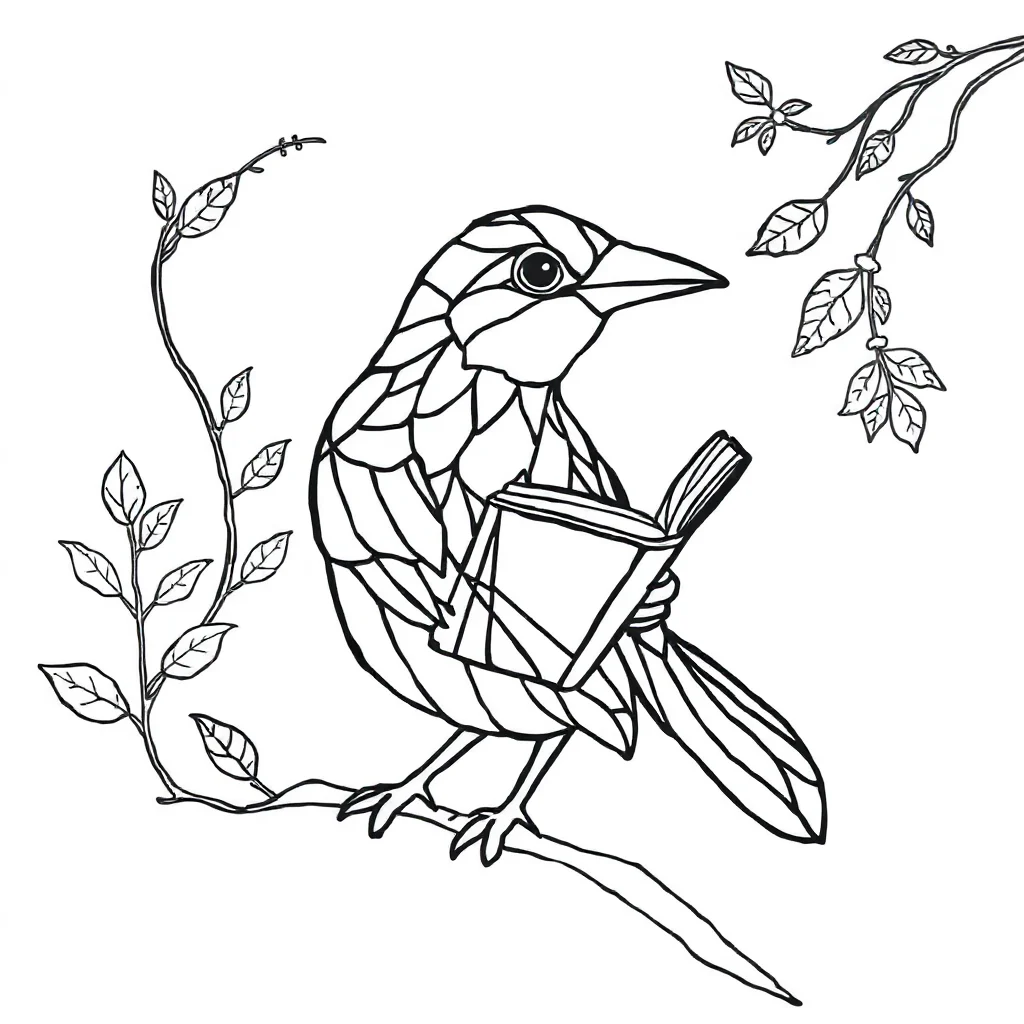 Stained glass a stained glass bird reading a book — classic stained glass coloring page (ages 5–10)