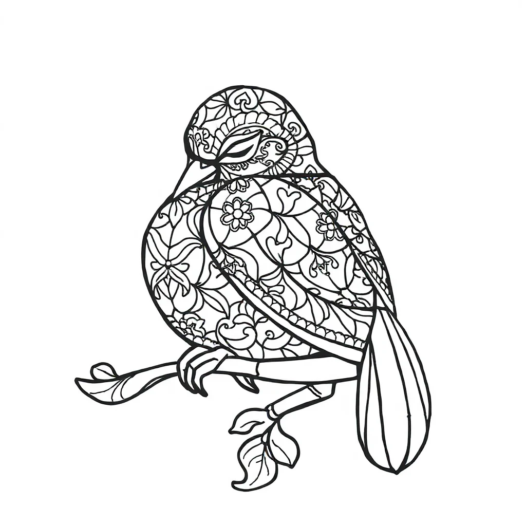 Stained glass a stained glass bird sleeping curled up — detailed stained glass coloring page (ages 9+ & adults)