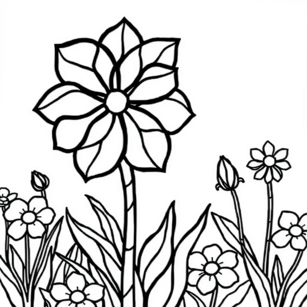 Stained glass a stained glass flower in a flower garden — classic stained glass coloring page (ages 5–10)