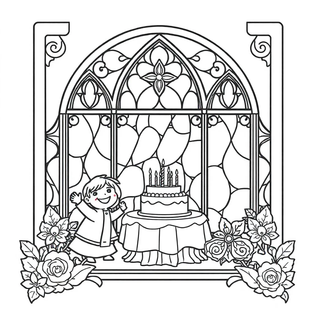 Stained glass a stained glass window pattern celebrating a birthday — classic stained glass coloring page (ages 5–10)