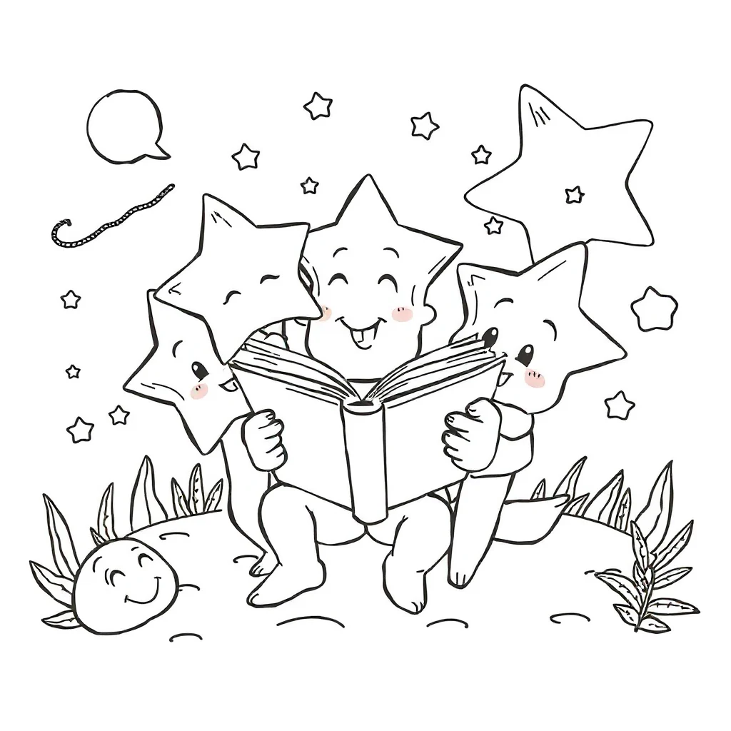 Stars a cluster of stars reading a book — classic stars coloring page (ages 5–10)