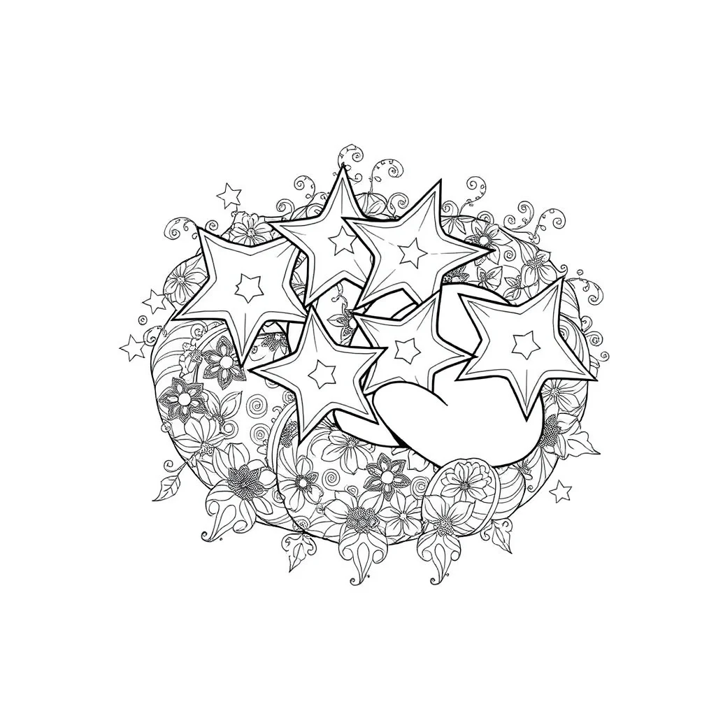 Stars a cluster of stars sleeping curled up — detailed stars coloring page (ages 9+ & adults)