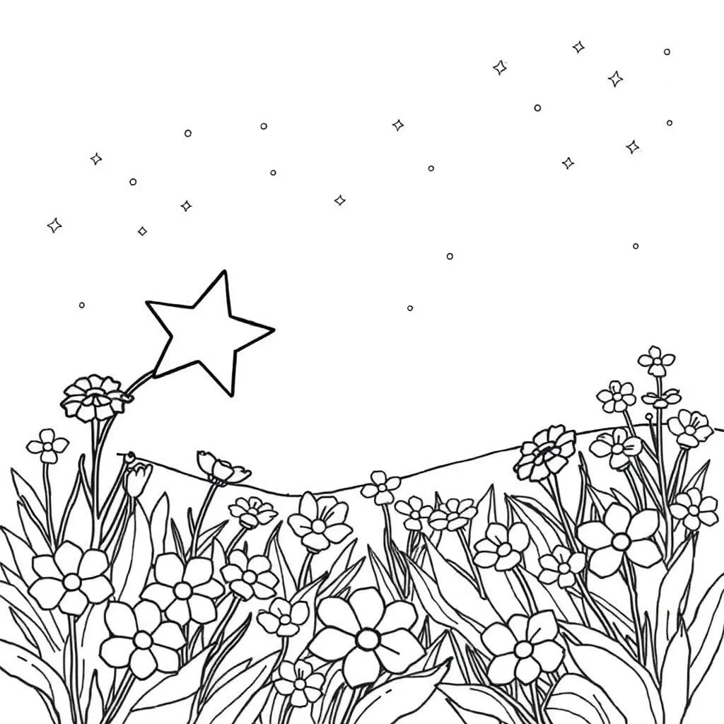 Stars a shooting star in a flower garden — classic stars coloring page (ages 5–10)