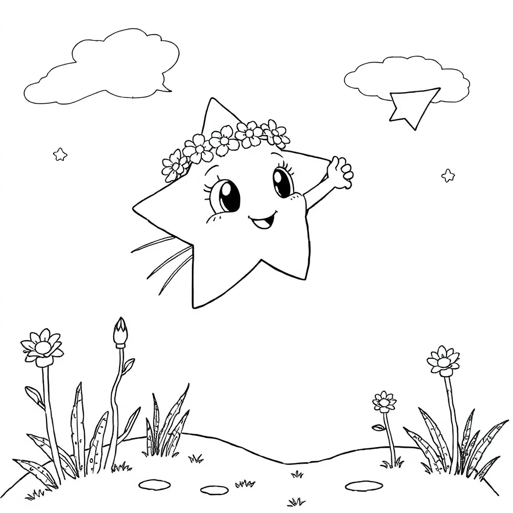 Stars a shooting star wearing a flower crown — classic stars coloring page (ages 5–10)
