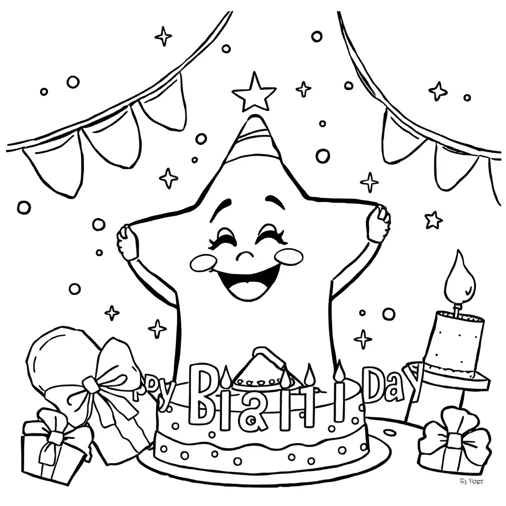 Stars a smiling star celebrating a birthday — classic stars coloring page (ages 5–10)