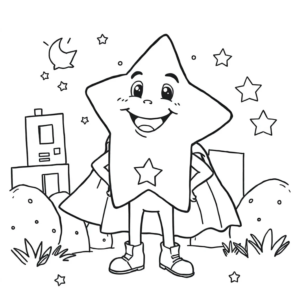 Stars a smiling star in a superhero cape — classic stars coloring page (ages 5–10)