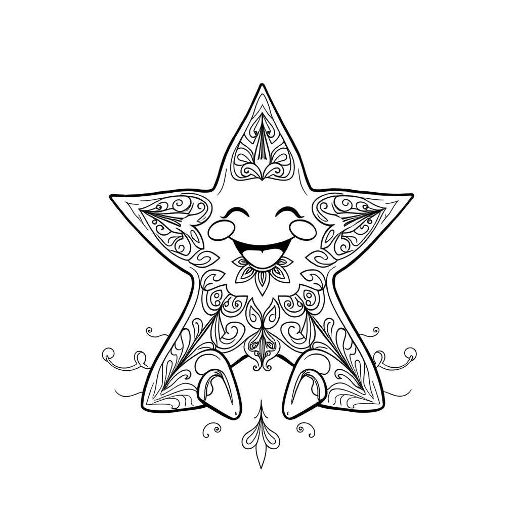Stars a smiling star sitting — detailed stars coloring page (ages 9+ & adults)