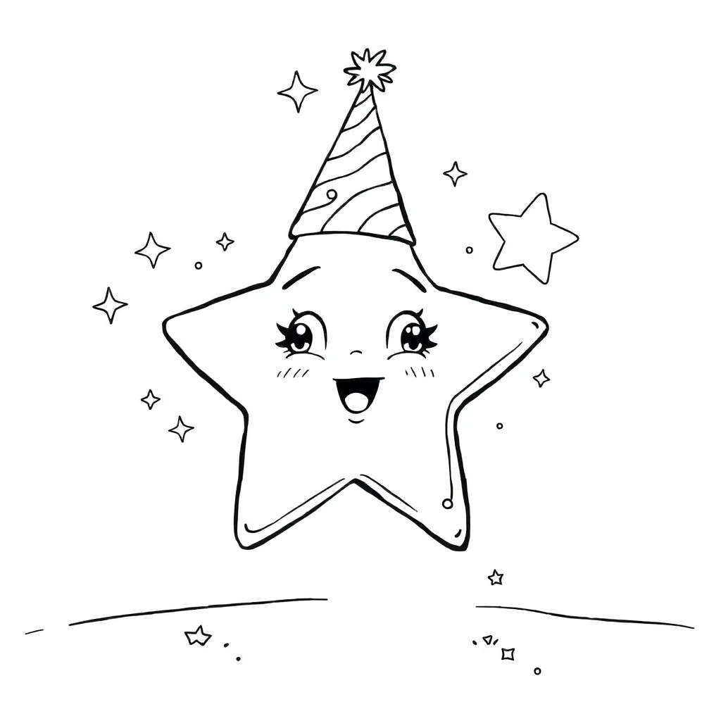 Stars a star with sparkles wearing a party hat — classic stars coloring page (ages 5–10)