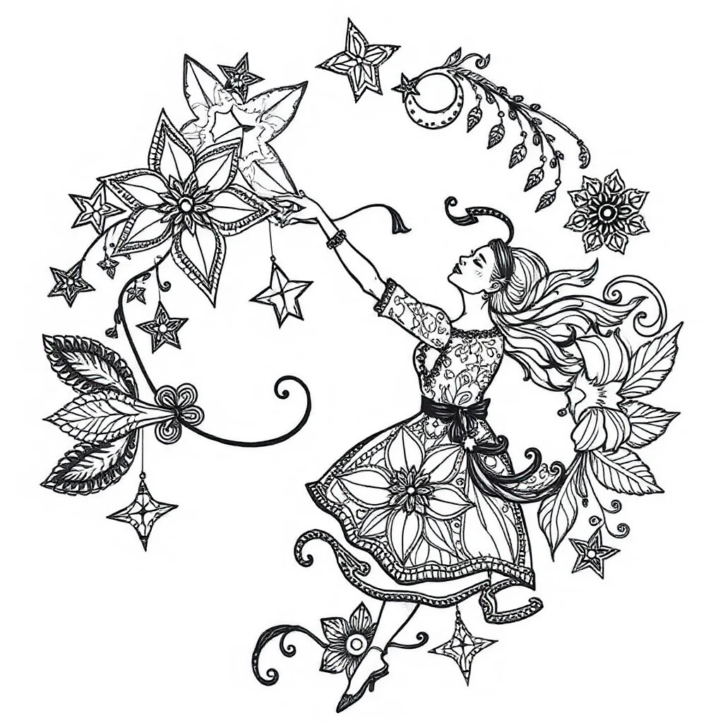 Stars stars and a moon dancing — detailed stars coloring page (ages 9+ & adults)
